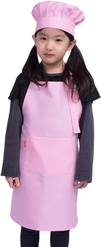 Juego de delantal y gorro de chef para niños, delantal ajustable con babero y 2 bolsillos para niños. Lindo delantal de cocina para niños y niñas