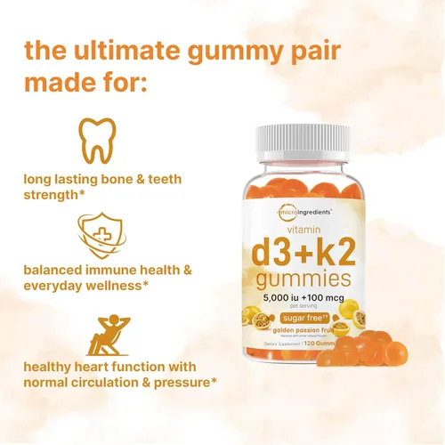 Miniatura 3 de Micro Ingredients Gomitas de vitamina D3 K2, 120 unidades 5,000 UI de vitamina D + 100 mcg K2 MK-7 Suplementos para la salud ósea, inmunitaria