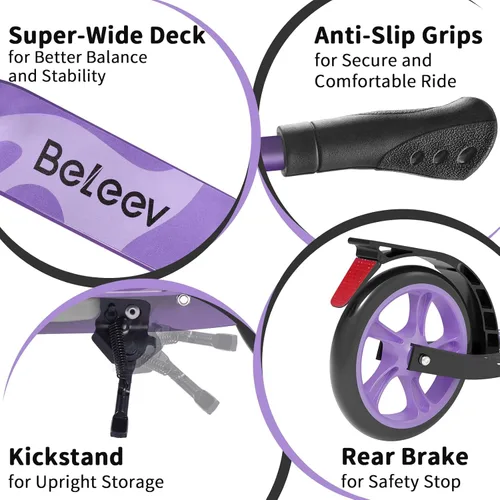 Miniatura 7 de BELEEV V8 Scooters para niños a partir de 6 años con cubierta iluminada, scooter plegable de 2 ruedas para adultos y adolescentes, 4 de altura