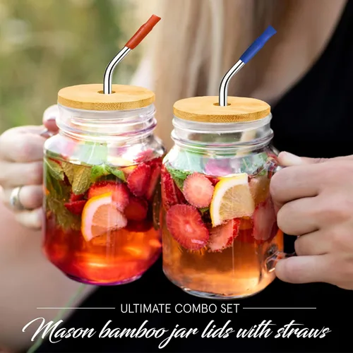 Miniatura 3 de Tapas de bambú para tarros de masón con agujero para pajilla, popotes reutilizables de acero inoxidable con puntas de silicona de colores, cepillo