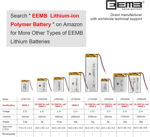 Miniatura 7 de EEMB Paquete de 100 Baterías de Polímero de Litio 3.7V 1100mAh 603449 Lipo Recargable con Conector JST para Altavoz y Dispositivo Inalámbrico