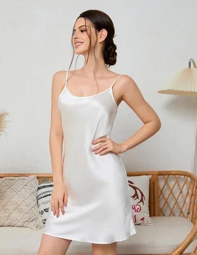 Miniatura 2 de THXSILK Camisón de seda para mujer, 100% real 19 Momme seda morera ropa de dormir cuello redondo tirantes espagueti camisón camisón