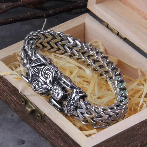 Miniatura 2 de Pulsera de lobo vikingo Fenrir para hombre, cadena de eslabones de Franco bizantino de acero inoxidable, joyería gótica nórdica personalizada