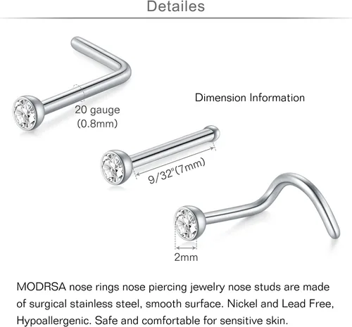 Miniatura 7 de MODRSA Piercing de nariz para mujer, de acero inoxidable, de plata, calibre 20