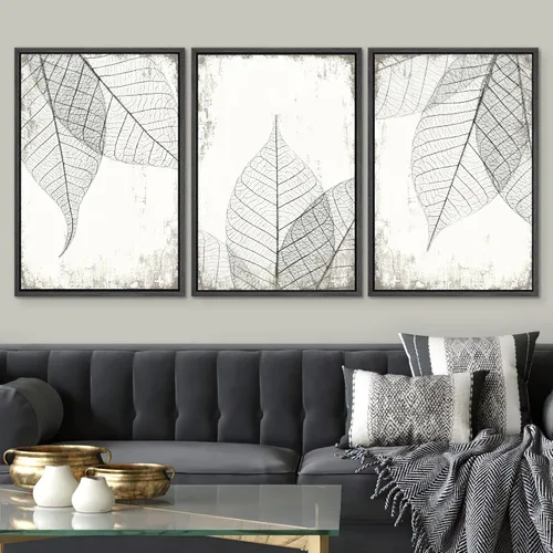 Miniatura 2 de SIGNWIN Lienzo enmarcado para pared, juego de arte de collage de hojas transparentes en blanco y negro, ilustraciones de naturaleza silvestre, arte