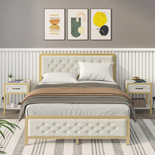 Miniatura 3 de IDEALHOUSE Mesa auxiliar moderna, mesita de noche blanca y dorada con estación de carga, mesita de noche con cajón, mesa auxiliar moderna