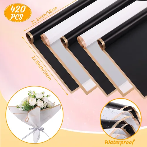 Miniatura 2 de Yahenda 420 hojas de papel de regalo de flores: papel de ramo de flores de 23 x 23 pulgadas con borde dorado, estilo coreano, para boda, despedida