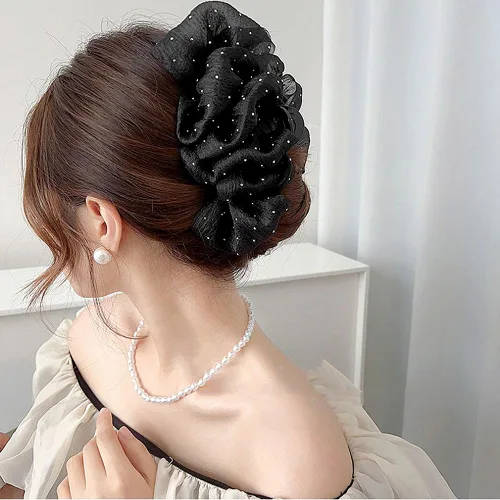 Miniatura 4 de Myhiju Pinza para el cabello, pinza de pelo de tul de malla de gasa negra, clip de lazo de seda de sujeción fuerte para mujeres, accesorios