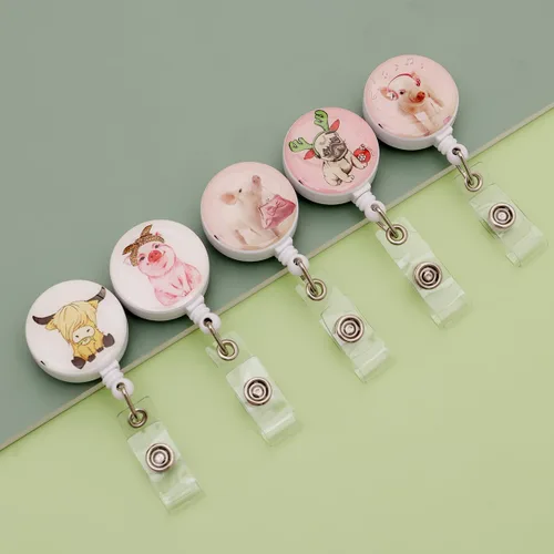 Miniatura 4 de Paquete de 15 carretes de insignia con diseños de tortuga, cerdo y vaca, portainsignias retráctiles, clip retráctil para tarjeta de identificación