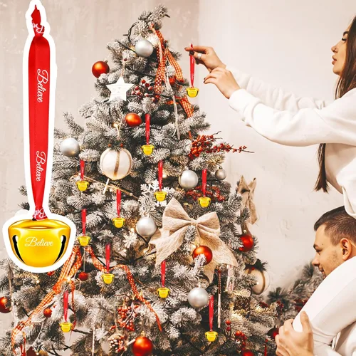 Miniatura 5 de 24 adornos de campana de Navidad de 1.5 pulgadas, cascabeles polares de Papá Noel con cinta Believe, decoraciones de árbol de Navidad
