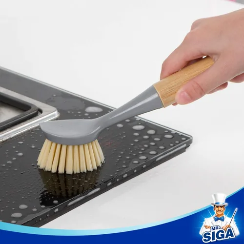 Miniatura 5 de MR.SIGA Cepillo para platos con mango de bambú, raspador incorporado, cepillo para fregar sartenes, ollas, limpieza del fregadero de cocina, paquete