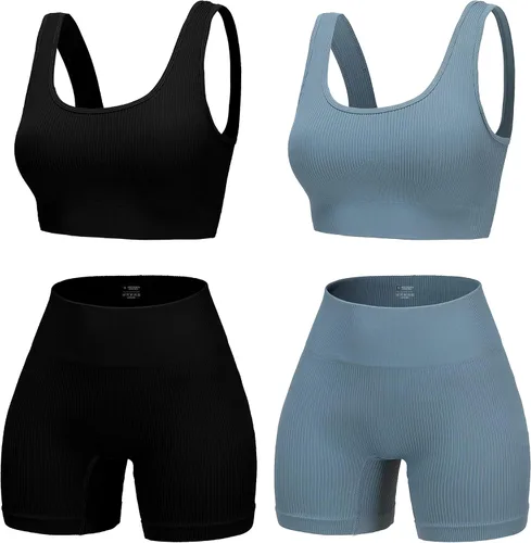 YWBIN Conjunto de entrenamiento de 4 piezas para mujer, sin costuras, acanalado, cintura alta, pantalones cortos de yoga con brasier deportivo