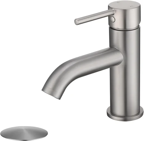 Grifo de baño de una sola manija con conjunto de drenaje de metal y escudete, níquel cepillado