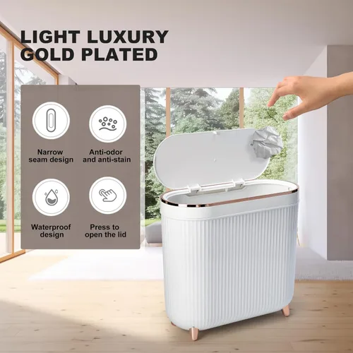 Miniatura 4 de Supteron Basurero de baño con tapa de 3.2 galones, pequeño cubo de basura de plástico rectangular de 12 litros con tapa tipo prensa para dormitorio