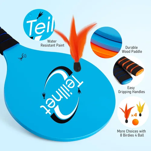 Miniatura 2 de TEILLNET Juego de pelotas de remo de playa, juegos familiares para niños y adultos, juego de bádminton con 4 raquetas, juguetes deportivos