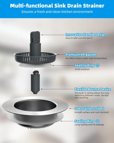 Miniatura 5 de Hibbent - Combo de colador y tapón de drenaje desplegable 3 en 1 para fregadero de cocina, de acero inoxidable, cesta antiobstrucción, con mango