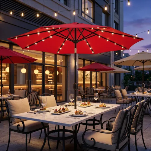 Miniatura 3 de Yaheetech - Paraguas de 9 pies con energía solar para patio - Paraguas de mesa de mercado con protección UV, 32 luces LED y sistema de inclinación