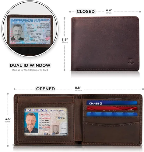 Miniatura 14 de SERMAN BRANDS Billetera de piel con 2 ventanas de identificación para hombre, con bloqueo RFID, doble tapa superior, billetera de viaje de capacidad