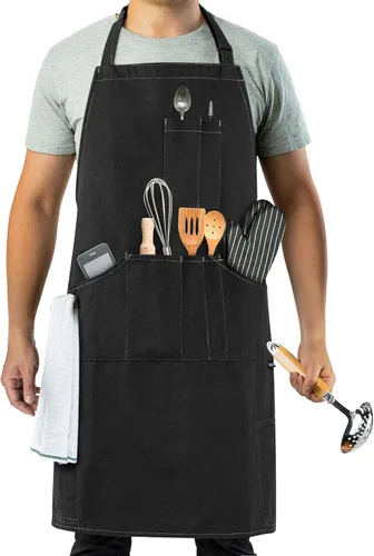Miniatura 7 de opux Delantal de chef para hombres, delantal de cocina con bolsillos para mujer, delantal grande de lona unisex para cocinar, asar a la parrilla