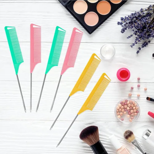 Miniatura 7 de 6 PCS Peines de Separación de Cabello Cola de Rata - Juego de Peines de Cola de Rata con Púa de Acero de Dientes Finos para Crepado para Mujeres