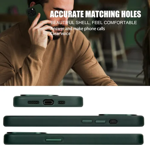 Miniatura 7 de Funda de cuero genuino para iPhone 13 Pro, cuero de grano completo, compatible con MagSafe y carga inalámbrica, bisel de la cámara con botones Verde