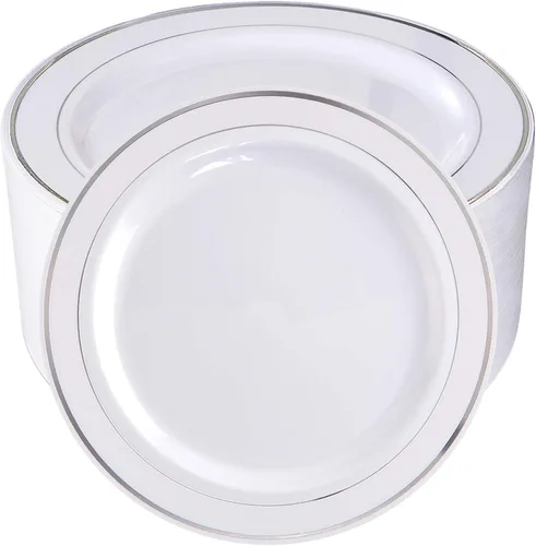 bUCLA 100 platos de plástico plateados, platos desechables de borde plateado de 10.25 pulgadas, ideales para bodas, fiestas