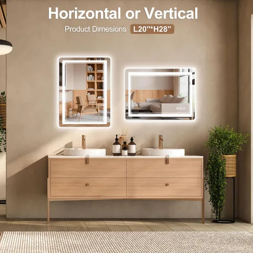 Miniatura 8 de Espejo de baño LED de 20 x 28 pulgadas con luz delantera y trasera, espejo de tocador de baño con 3 colores ajustables, luz regulable continua