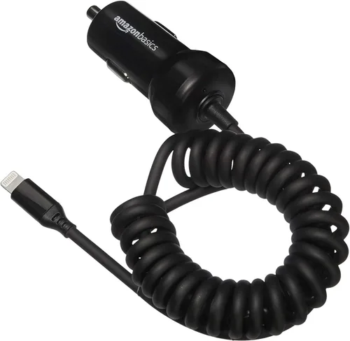 Amazon Basics Cargador de coche de carga rápida de 12 W (5 V, 2.4 A) con cable Lightning en espiral para iPhone, iPad y dispositivos Apple, 1.5