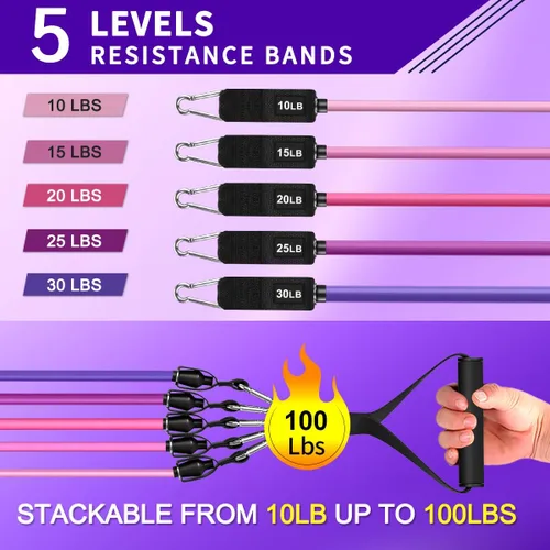 Miniatura 2 de WHATAFIT Juego de bandas de resistencia con asas, bandas de ejercicio para gimnasio en casa, equipo de entrenamiento de fuerza, incluye anclaje