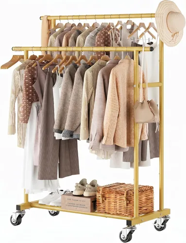 Miniatura 12 de Calmootey Perchero de ropa de doble varilla, organizador portátil para colgar ropa, organizador de ropa rodante para dormitorio, sala de estar, Negro
