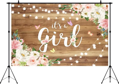 Miniatura 5 de Fondo para baby shower con texto en inglés "It's a Girl" para baby shower, acuarela, rosa, floral, madera rústica, fondo de fotografía de mariposa