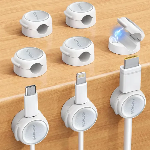Lamicall Paquete de 8 clips magnéticos para cables, [transparente y brillo plateado] estético fuerte adhesivo para cargador de teléfono, clips de