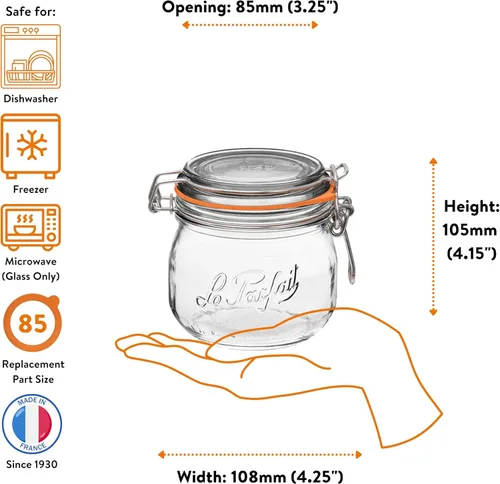 Miniatura 5 de Le Parfait Super Jar - Tarro de conservación de vidrio francés de 500mL con cuerpo redondo, boca ancha, tapa hermética - Tarro de vidrio 16oz