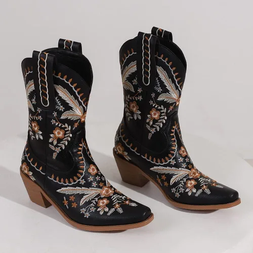 Miniatura 7 de LIPIJIXI Botas vaqueras bordadas para mujer, botas vaqueras para mujer, botas vaqueras florales de tacón bajo y grueso