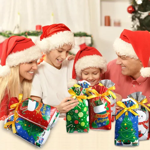 Miniatura 5 de Funrous 50 bolsas de Navidad con cordón, bolsas de regalo de plástico con cordón para Navidad, bolsas de dulces de Navidad para fiesta