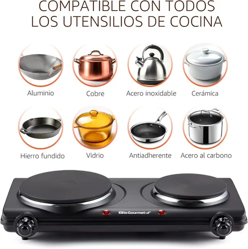 Miniatura 6 de Elite Gourmet EDB-302BF# Quemador doble de hierro fundido para encimera, placa caliente eléctrica de 1500 vatios, controles de temperatura, luces