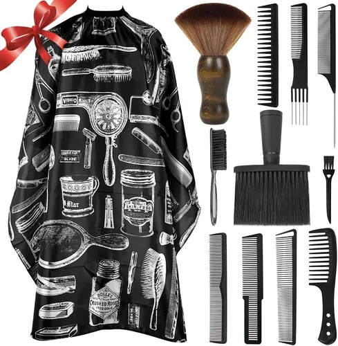 Set de 12 peines para cortar cabello - peines de barbero para hombres y estilistas - capa de barbero con tamaño de cuello ajustable y cepillo para