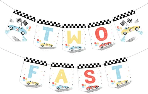 Decoración de fiesta de segundo cumpleaños con temática de autos de carreras, dos banderines rápidos vintage, retro dos rápidos dos autos curiosos,