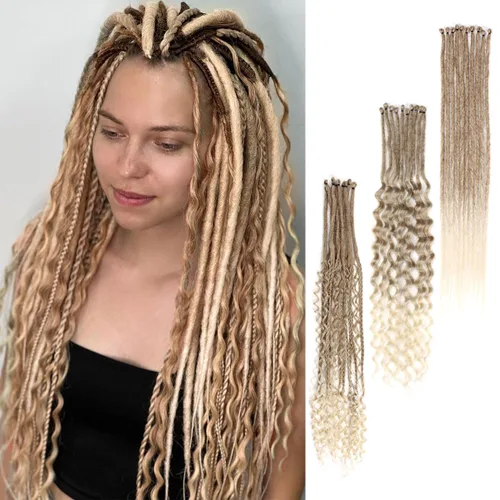 Miniatura 23 de Extensiones de rastas trenzadas bohemias de 24 pulgadas, 10 hebras de rastas sintéticas rizadas color marrón degradado con trenza de caja, rastas