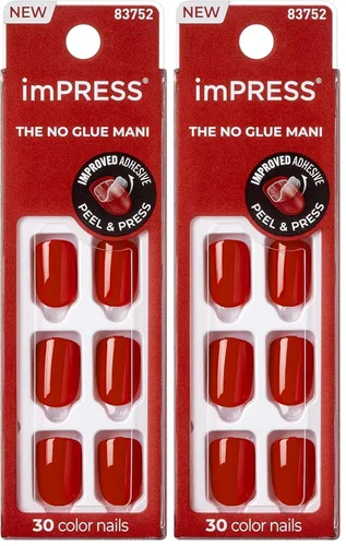 Miniatura 16 de Kiss Impress - Kit de uñas a presión sin pegamento, Over You, 30 uñas rojas para despegar y pegar, squoval corto súper delgado, acabado de gel