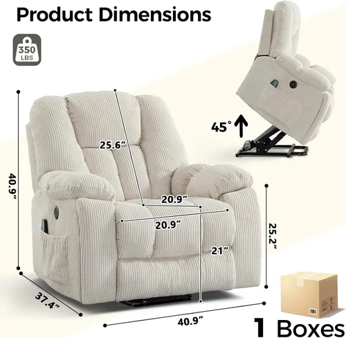 Miniatura 2 de HAOMARKETS Sillones reclinables de elevación eléctrica con masaje y calor para ancianos, silla reclinable eléctrica con portavasos y puerto USB