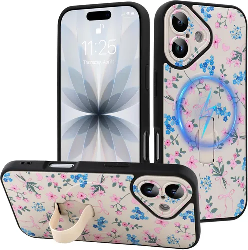 Miniatura 53 de Funda diseñada para iPhone 17 Pro Max con soporte plegable y correa para dedos, bonito patrón de lazo de corazón de flor rosa para mujeres y niñas