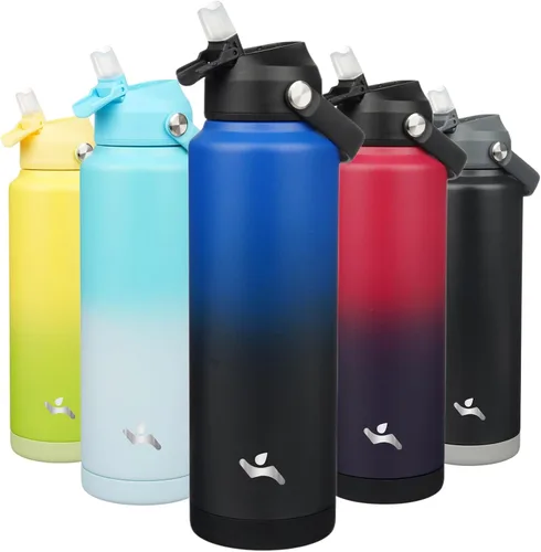 Miniatura 51 de Konokyo Botella de agua aislada con tapa de pajilla, botella de metal al vacío de acero inoxidable de 18 onzas con mango de silicona, color negro