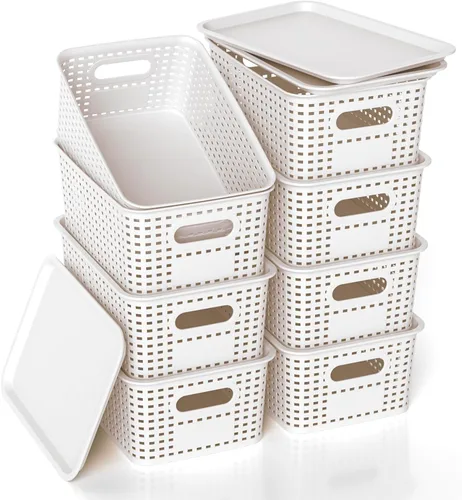 Miniatura 10 de Cesta de almacenamiento de plástico con tapa, contenedores pequeños apilables para organización y contenedores para estantes, cajones, escritorio