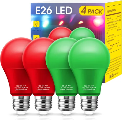 Bombillas de Luz Roja y Verde Woxeon [Paquete de 4] – Bombillas LED A19 Rojas y Verdes de 9W (Equivalente a 60W) – Bombilla de Luz de Color con Base