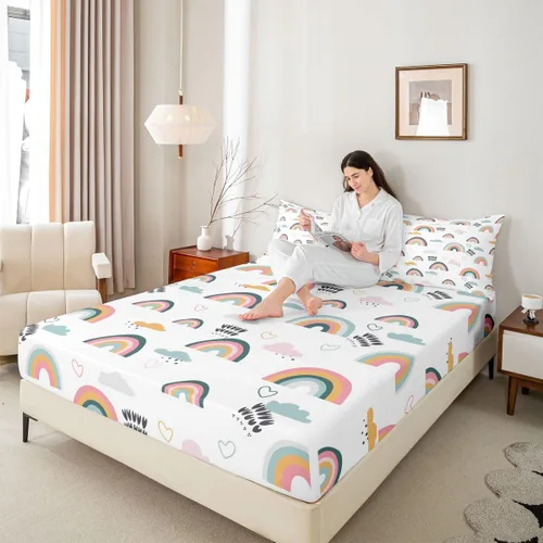 Miniatura 4 de Erosebridal Juego de ropa de cama arcoíris para niñas, sábana de amor en forma de corazón rosa, sábana ajustada con nubes de dibujos animados