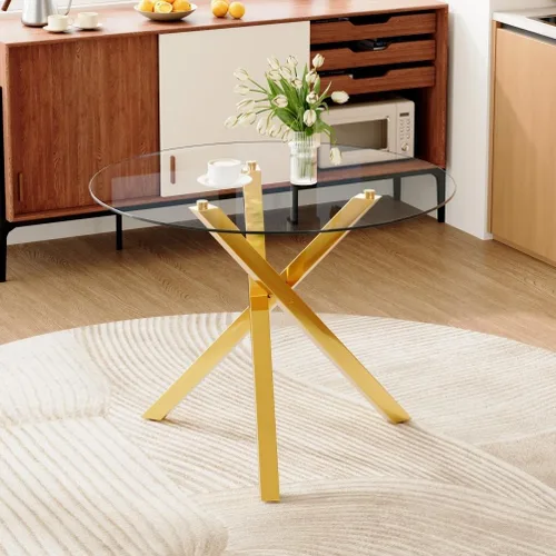 Miniatura 35 de Juego de mesa de comedor redonda para 6, juego de mesa de comedor de vidrio de 39 pulgadas con base de metal ajustable dorada en forma de X y 6