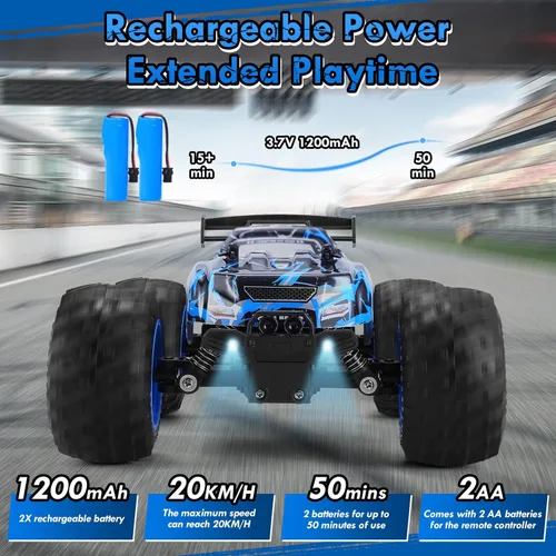 Miniatura 2 de Coche de Control Remoto, Coches RC a Escala 1:18, Camión RC Todo Terreno con Luz LED, 20KM/H, Recargable, 2WD, 2.4GHz, Carcasa de PVC Resistente