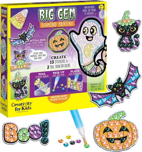 Creativity for Kids - Juego de pintura de diamantes de gemas grandes de Halloween | Crea 13 calcomanías espeluznantes y 2 caireles con más de 1000
