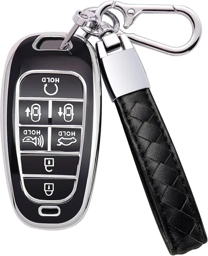 Miniatura 13 de Funda para llavero Hyundai de 7 botones con llavero de cuero, TPU suave, protección de 360 grados, funda para llave de automóvil, compatible con D